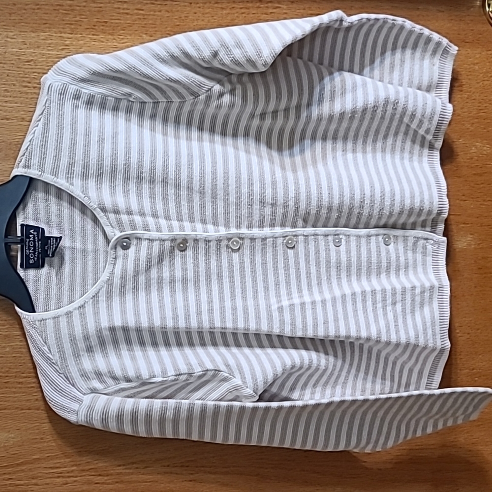 Sonoma White and Light Gray Striped Button-Up Sweater